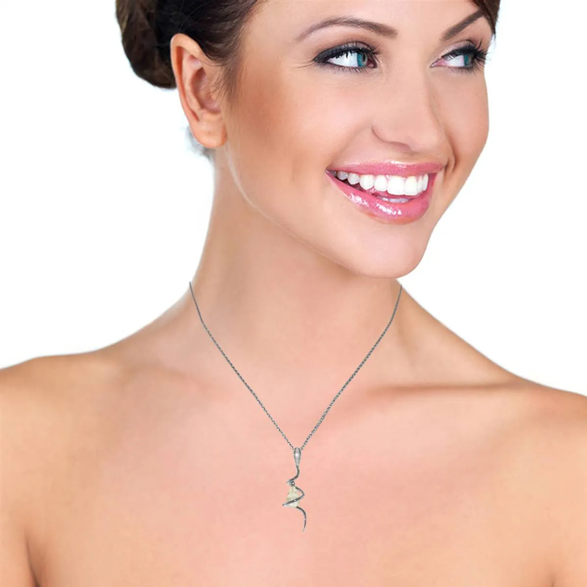 14K Solid White Gold Snake Necklace w/ Dangling Briolette White Topaz & Diamond