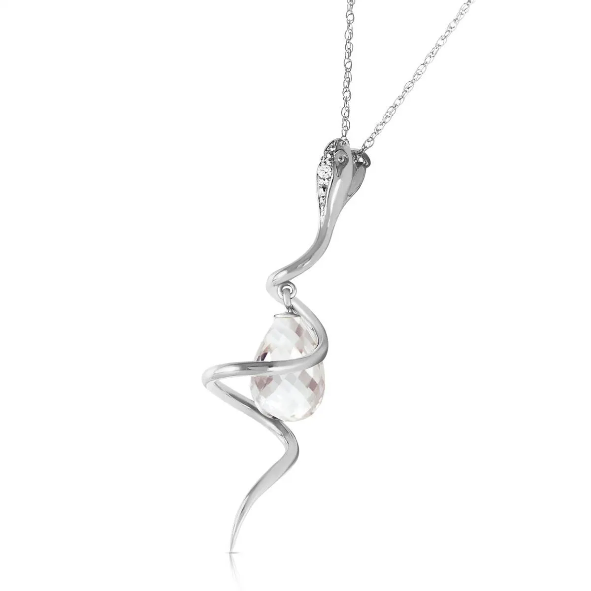 14K Solid White Gold Snake Necklace w/ Dangling Briolette White Topaz & Diamond