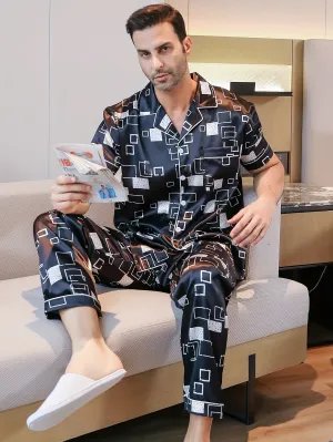 2PCS Mens Lightweight Summer Pajama Set - Stylish Geometric Pattern, Short Sleeve Lapel Shirt & Elastic Waist Loose Pants - Perfect for Indoor Lounging & Warm Weather Comfort