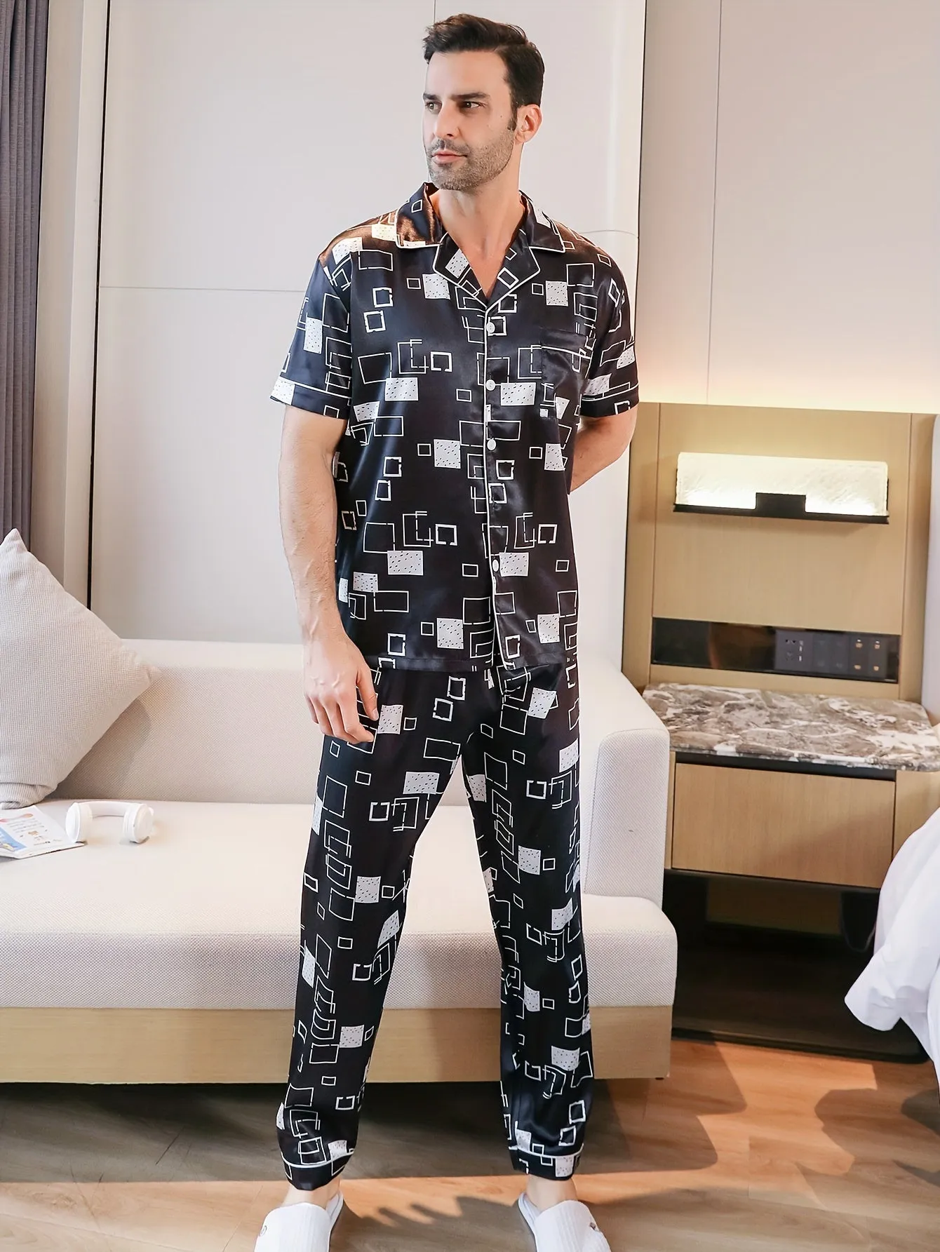 2PCS Mens Lightweight Summer Pajama Set - Stylish Geometric Pattern, Short Sleeve Lapel Shirt & Elastic Waist Loose Pants - Perfect for Indoor Lounging & Warm Weather Comfort