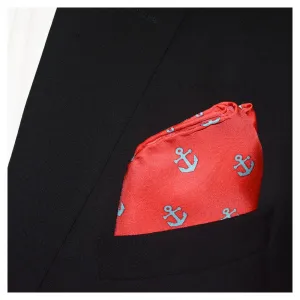 Anchor Pocket Square - Light Blue on Coral