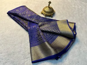 Appealing Dark Blue Colored Silk Brocode Fabric With Zari Work For Women