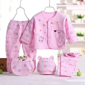 Baby Infant 5pcs Cotton Clothing Set (Cap Bib Pajamas Suit Pants) Newborn Caring Gift 0-3 Months