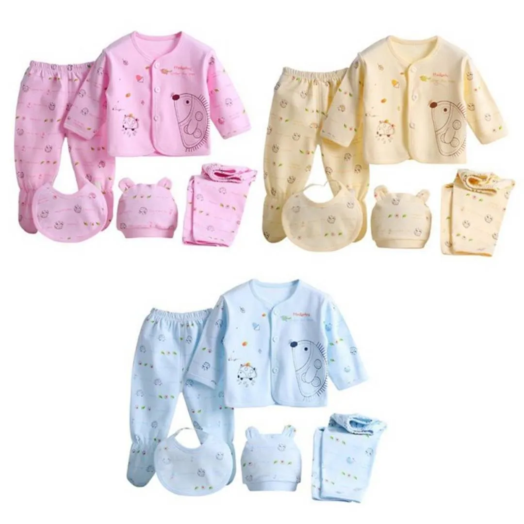 Baby Infant 5pcs Cotton Clothing Set (Cap Bib Pajamas Suit Pants) Newborn Caring Gift 0-3 Months