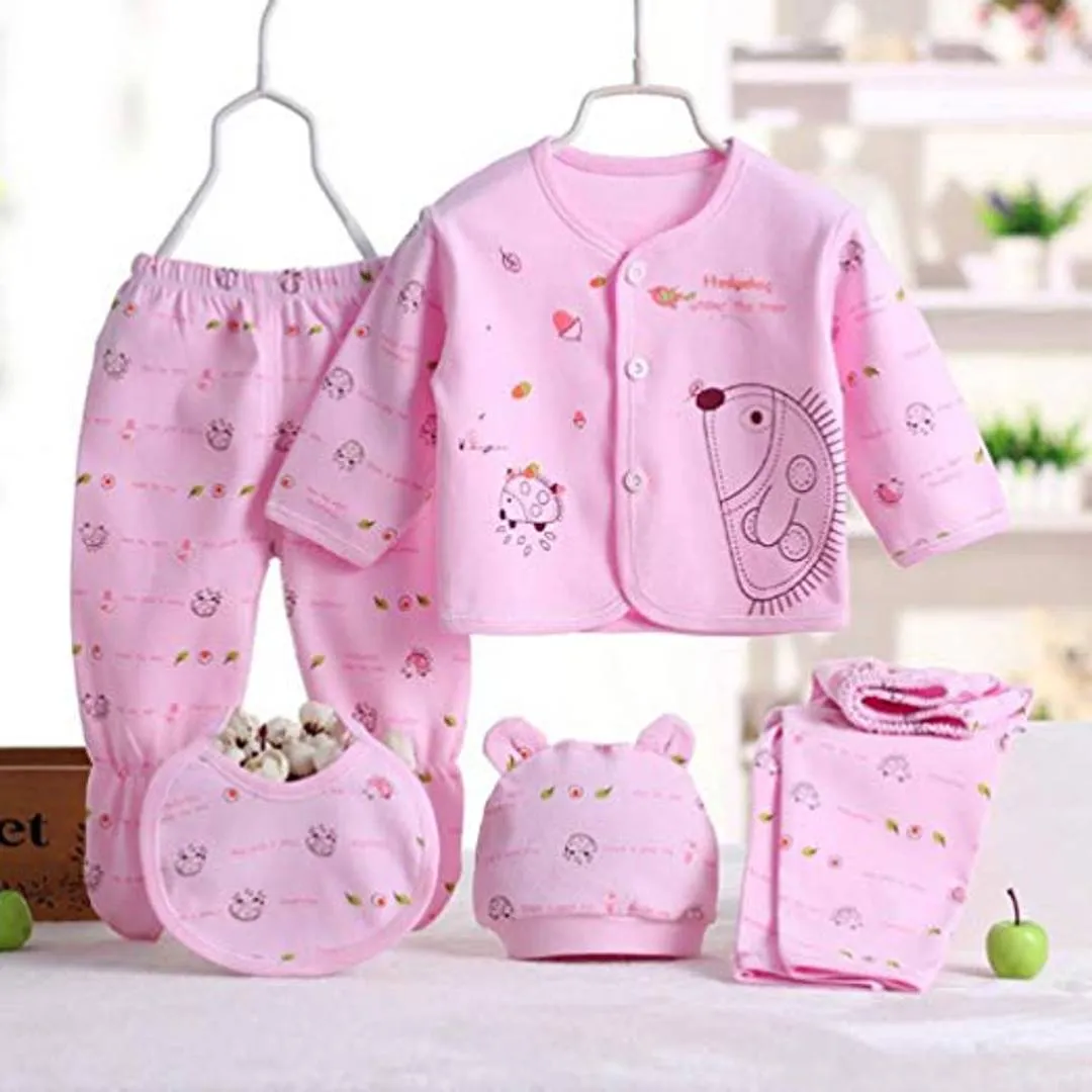 Baby Infant 5pcs Cotton Clothing Set (Cap Bib Pajamas Suit Pants) Newborn Caring Gift 0-3 Months