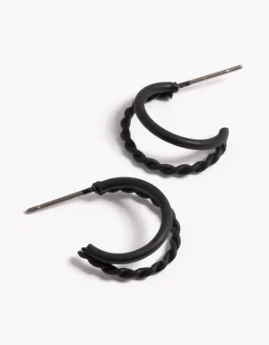 Black Coated Plain & Twist Double Huggie Earrings