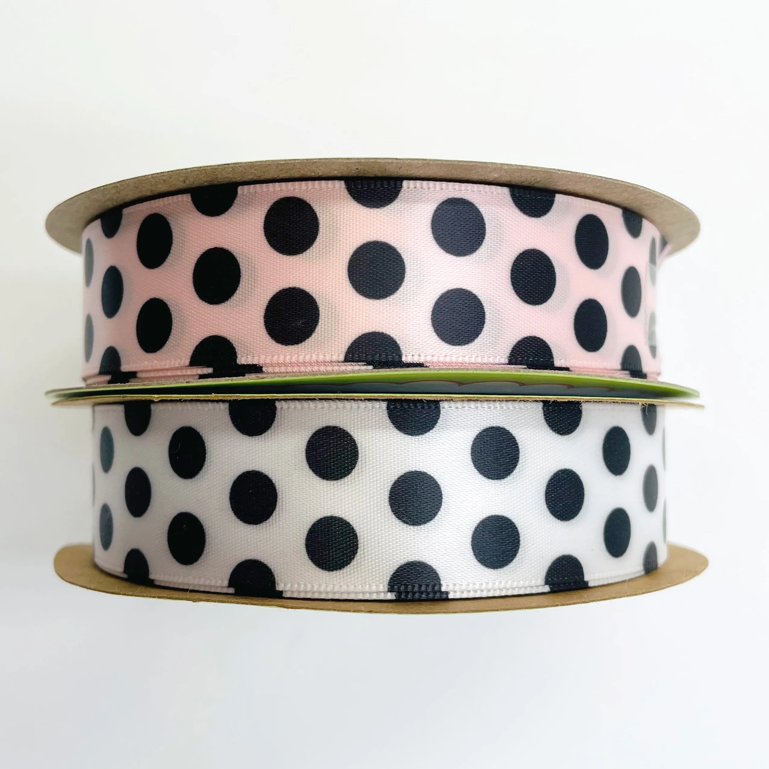 Black  dots ribbon printed on 7/8" light pink single face satin