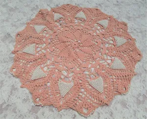 CHARMING Vintage Doily,PINK Hand Crocheted Doily with Beads,French Country,Farmhouse,Romantic Cottage Decor,Collectible Doilies