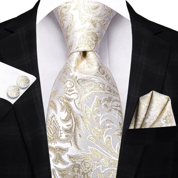 Classy Men White Gold Metallic Floral Silk Tie