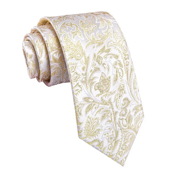 Classy Men White Gold Metallic Floral Silk Tie