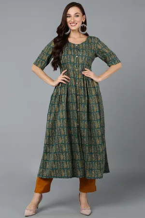 Cotton Blend Green Paisley Printed Flared Kurta