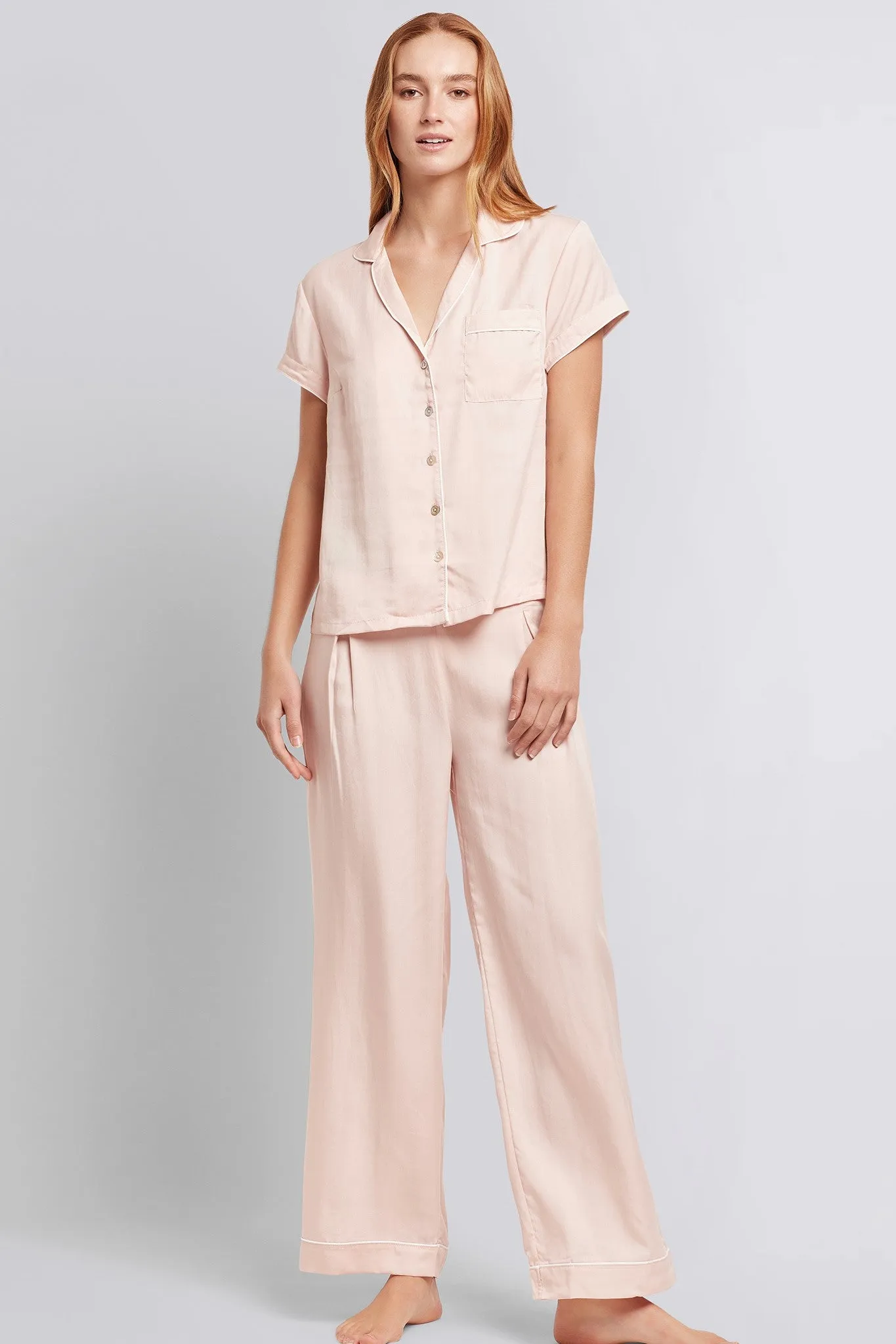 Eva Short Sleeve with Long Pant Tencel™ Pyjama Set - Blush with White Piping