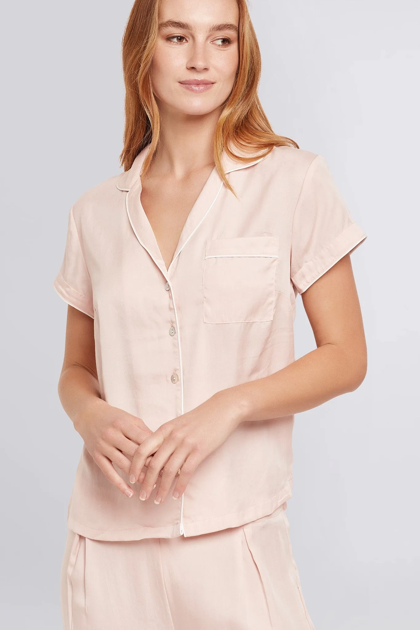 Eva Short Sleeve with Long Pant Tencel™ Pyjama Set - Blush with White Piping