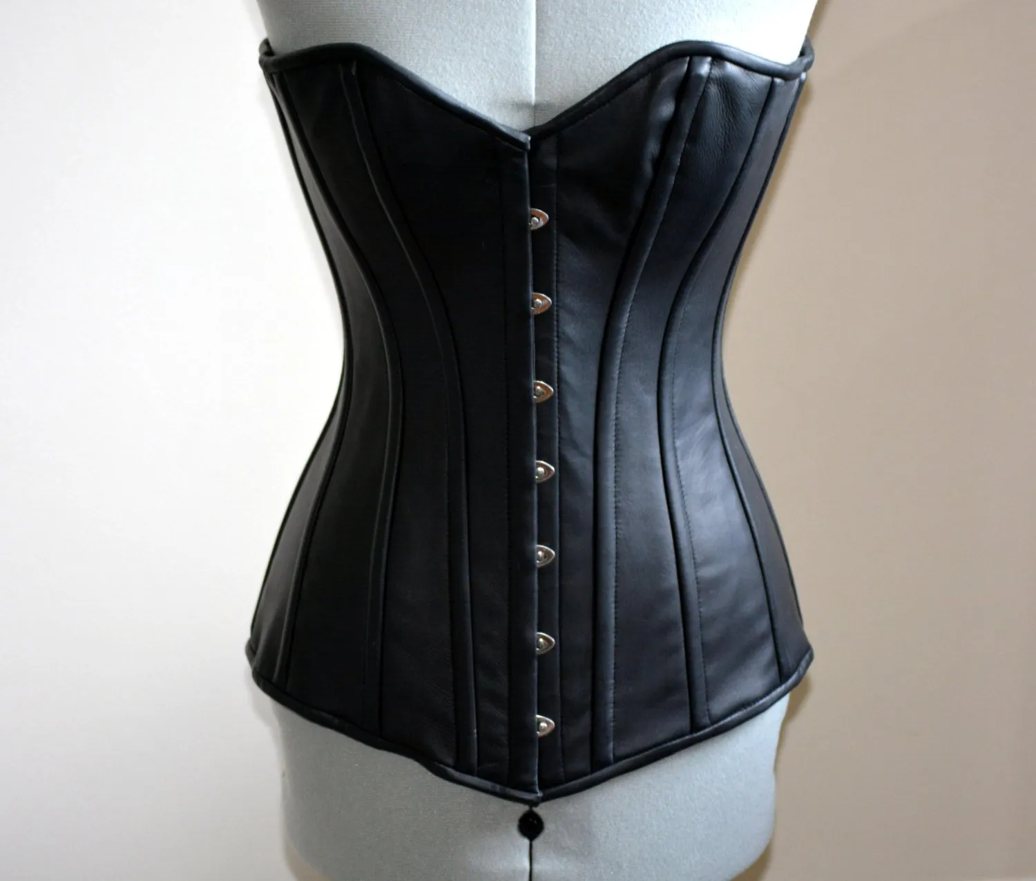 Exclusive lambskin long corset on steel bones, black, brown, white, red. Gothic, steampunk, bdsm, authentic waist training corset for tall