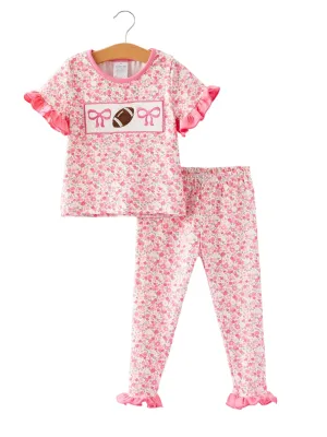 Football Smocking Bow Embroidered Girls Ruffle Pajamas