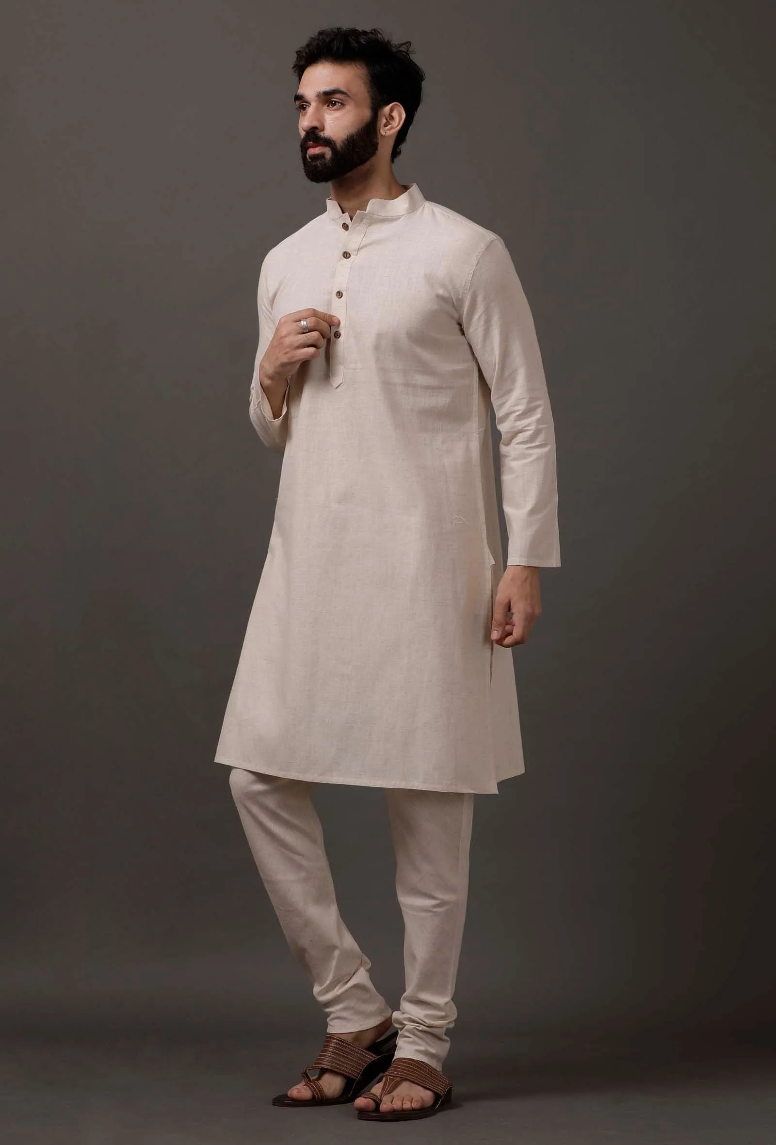 Frost White Cotton Silk Check Kurta