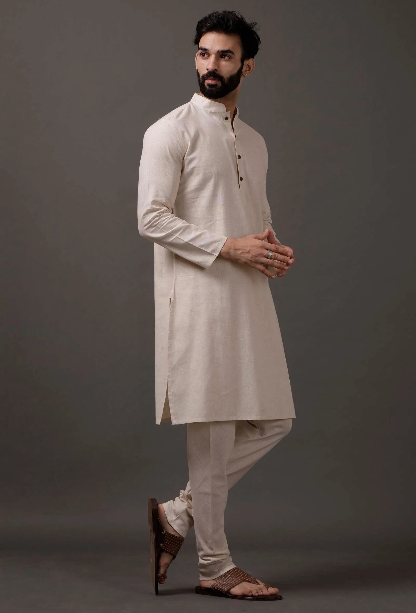 Frost White Cotton Silk Check Kurta