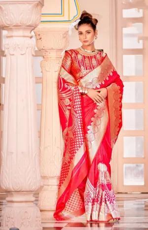 Gorgeous Pink Colored Printed Work Banarasi Soft Silk Designer Sarees For Women