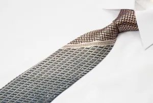 Grand Jour Men's Silk Rhinestone Neck Tie Gold Silver Herringbone With Silver Sparkles