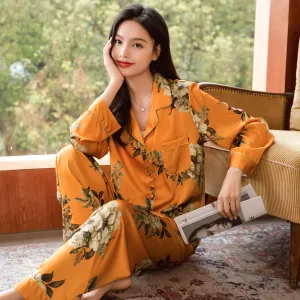 High Quality Women's Pajamas Set Luxury Golden Floral Print Sleepwear Silky Touch Nightwear Leisure Homewear Femme