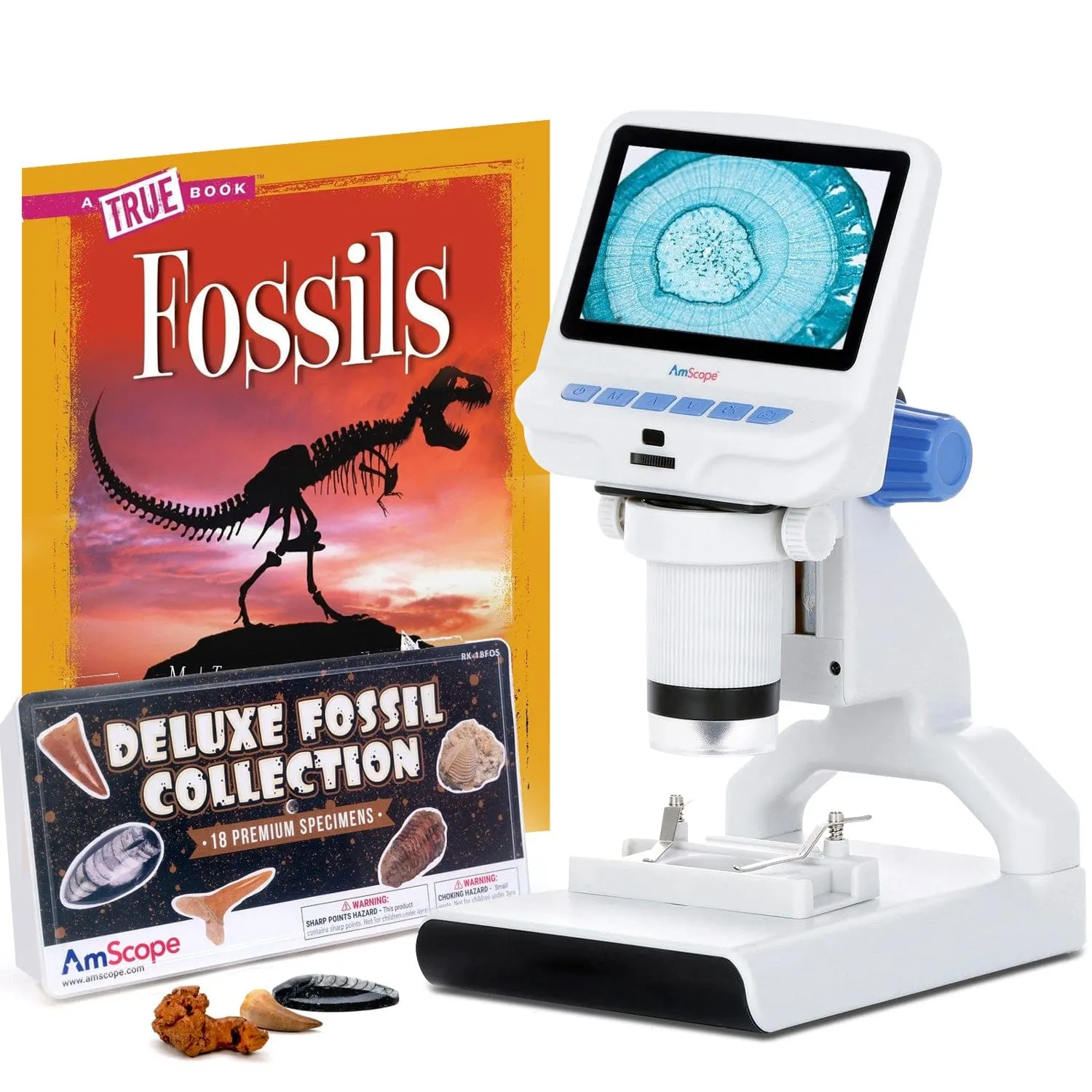 Holiday Savings! AmScope 4.3 inch Premium 1080P HD Portable LCD Color Digital Microscope with Dual-LED Illumination   Bonus Fossil Kit and Book