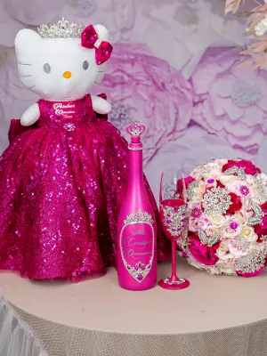 Hot Pink Quinceanera Package of Bottle, Glass, Kitty and bouquet 9 inches