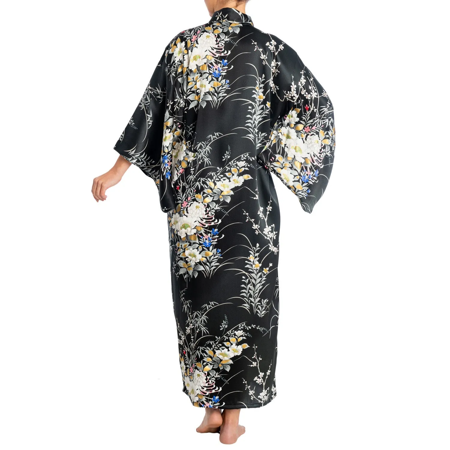 Japanese Silk Kimono Floral Print Long Black