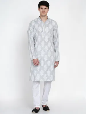 Men Grey Ethnic Motifs Printed Pure Cotton Kurta with Pyjamas