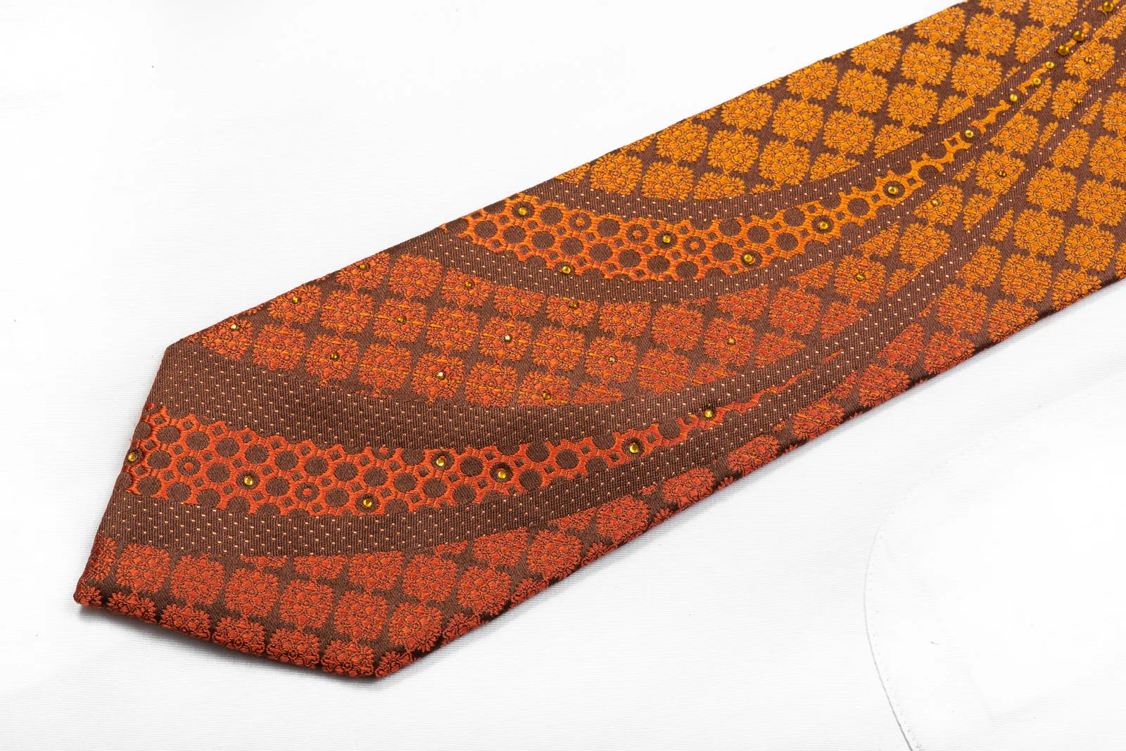 Metro City Rhinestone Silk Necktie Wave & Orange Cartouche On Brown With Sparkles