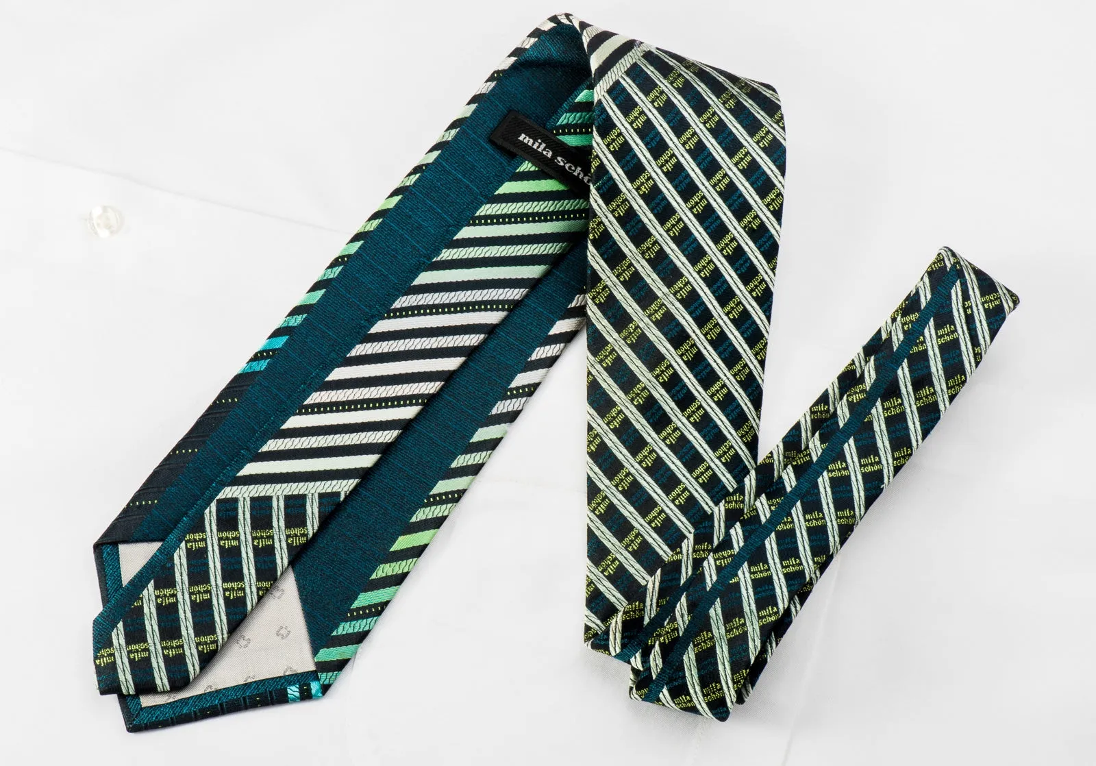 Mila Schon Men's Silk Necktie Green Silver Striped On Black