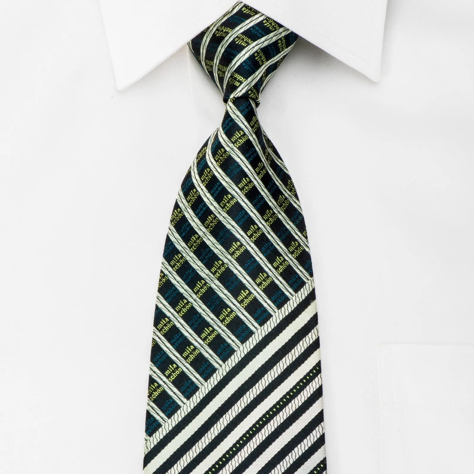 Mila Schon Men's Silk Necktie Green Silver Striped On Black