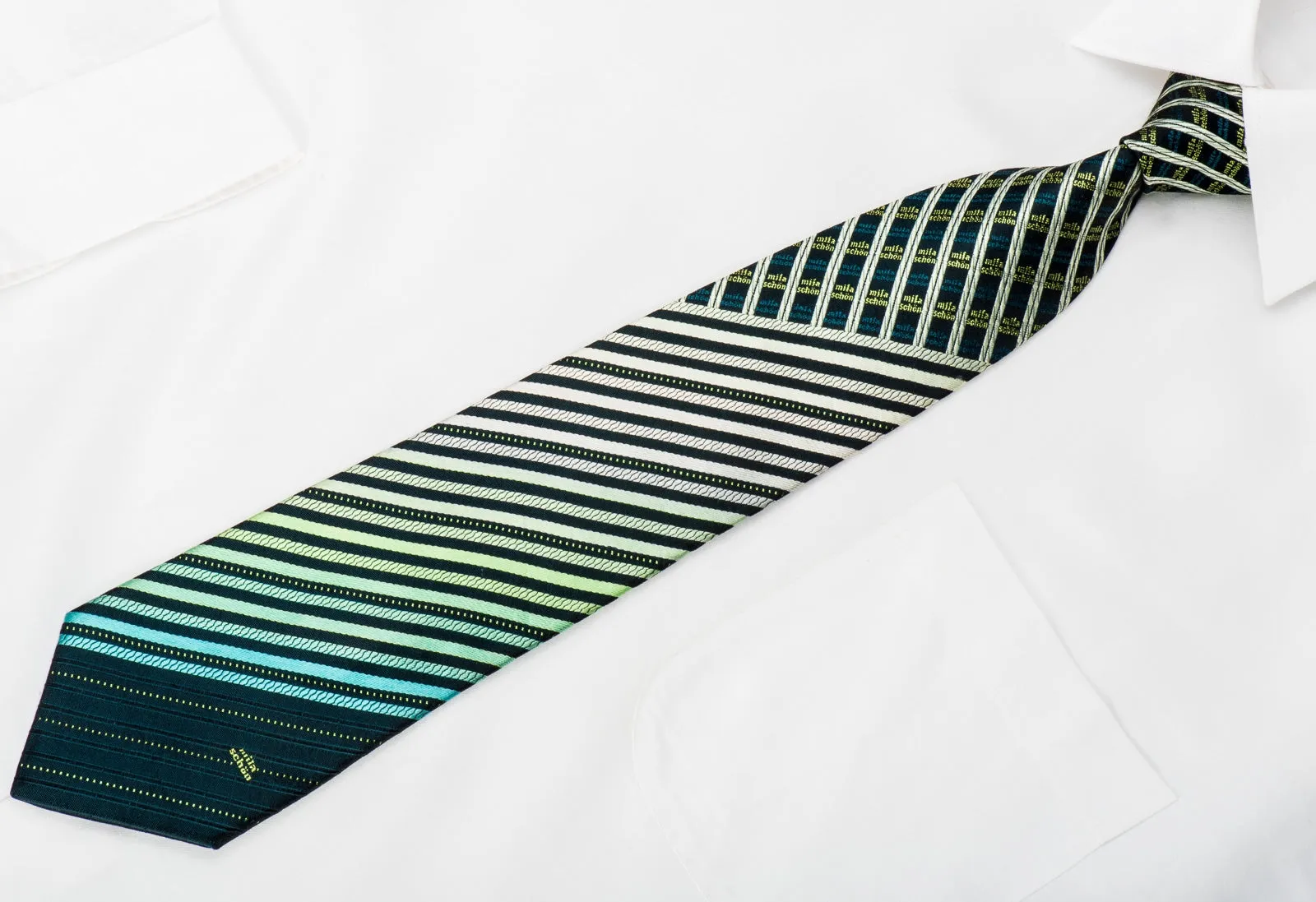 Mila Schon Men's Silk Necktie Green Silver Striped On Black