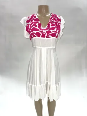 Mitla Oaxaca Dress White & Hot Pink