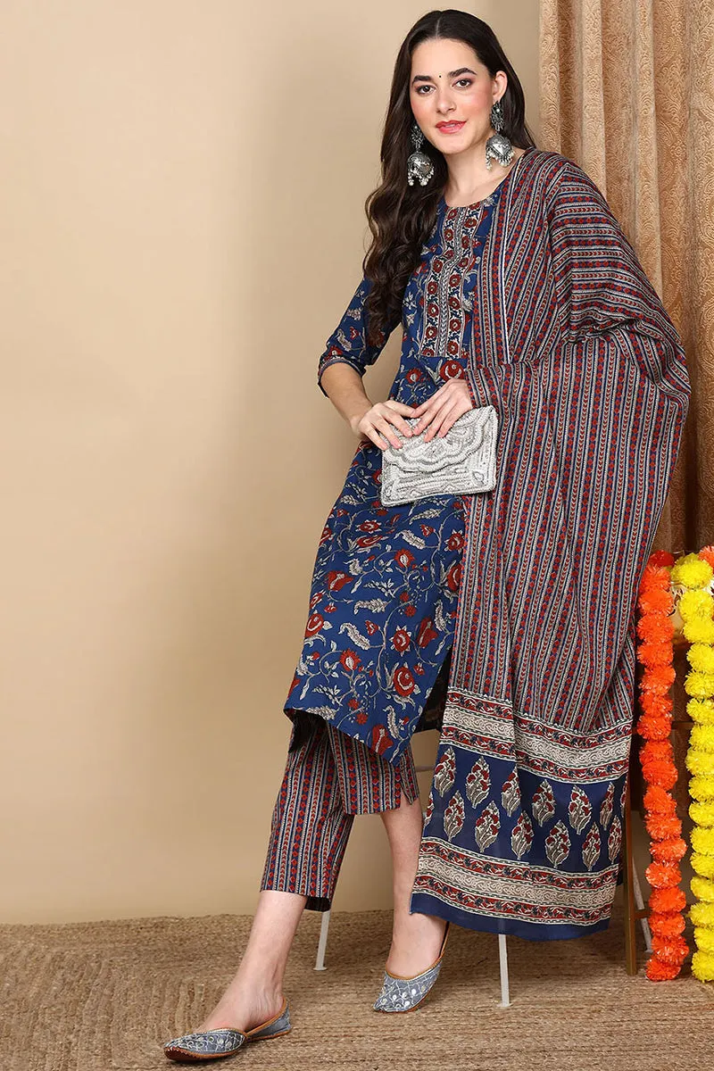 Navy Blue Pure Cotton Floral Printed Flared Style Suit Set