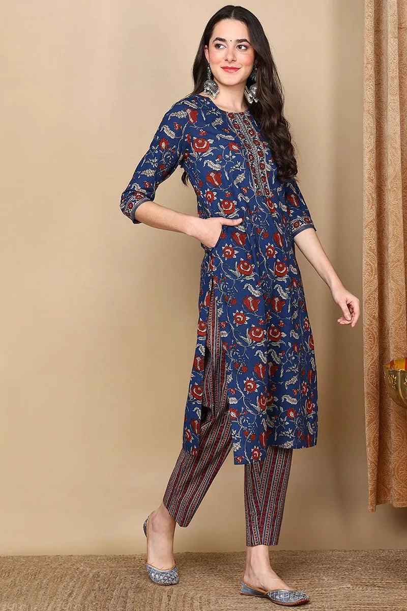 Navy Blue Pure Cotton Floral Printed Flared Style Suit Set