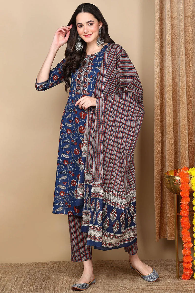 Navy Blue Pure Cotton Floral Printed Flared Style Suit Set