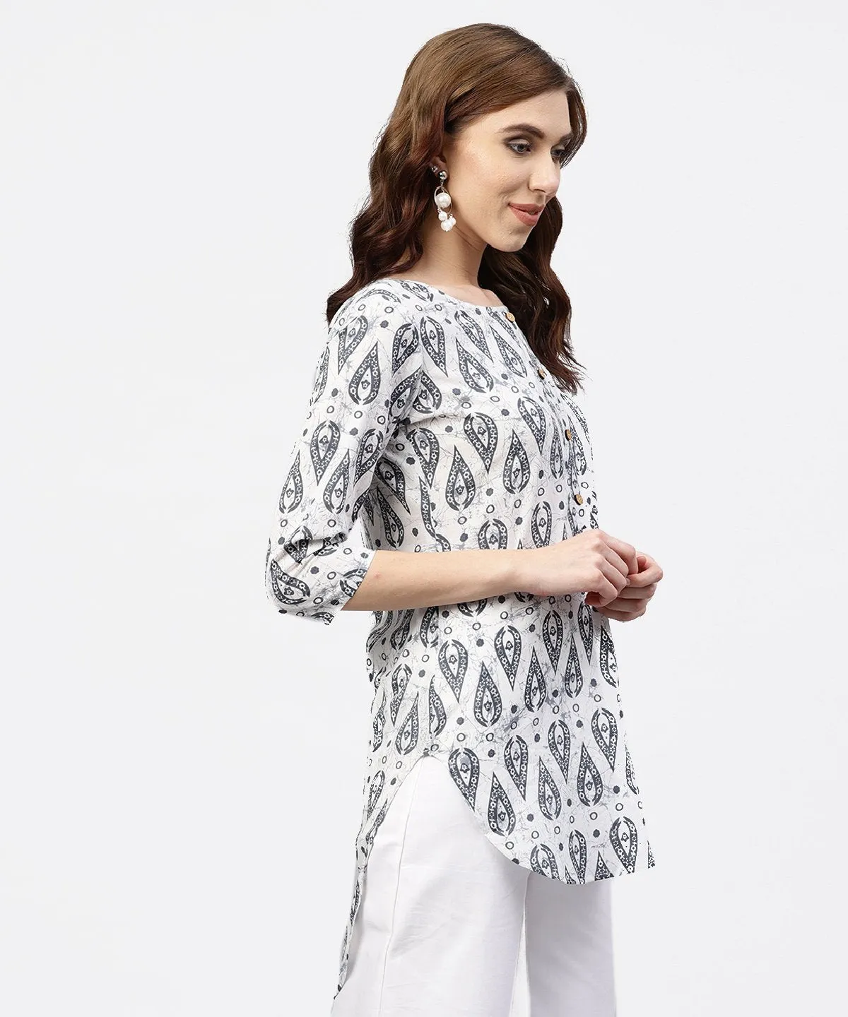 Off White Printed Long Top With Front Placket And 3/4 Sleeves