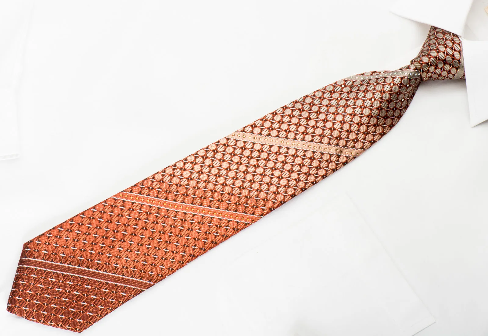 Pierre Cardin Rhinestone Silk Necktie Orange Dots On Brown With Silver Sparkles