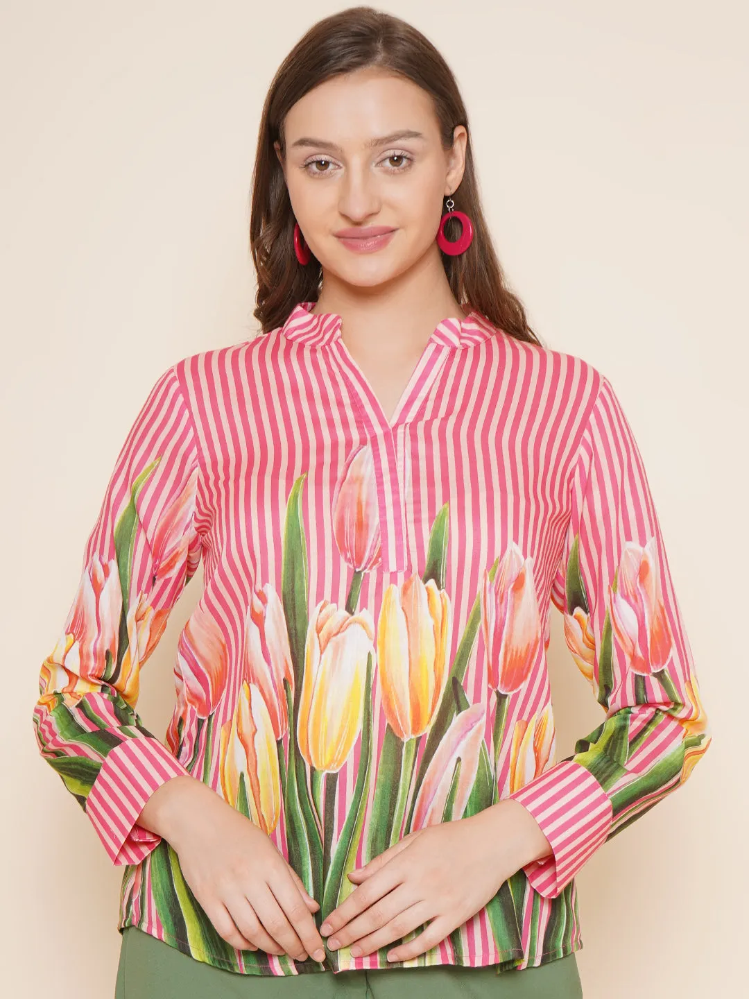 Pink Floral With Stripes Printed Top