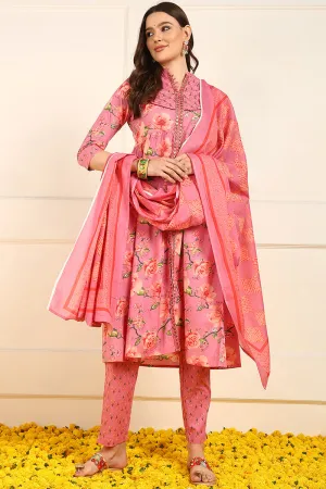 Pink Pure Cotton Floral Embroidered A Line Suit Set