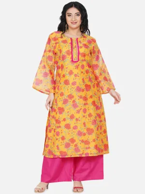 Plus Size Women Mustard Yellow & Pink Floral Printed Kurta with Palazzos