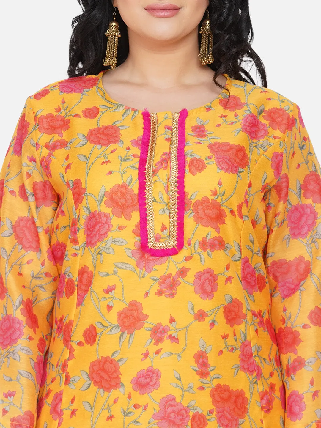 Plus Size Women Mustard Yellow & Pink Floral Printed Kurta with Palazzos