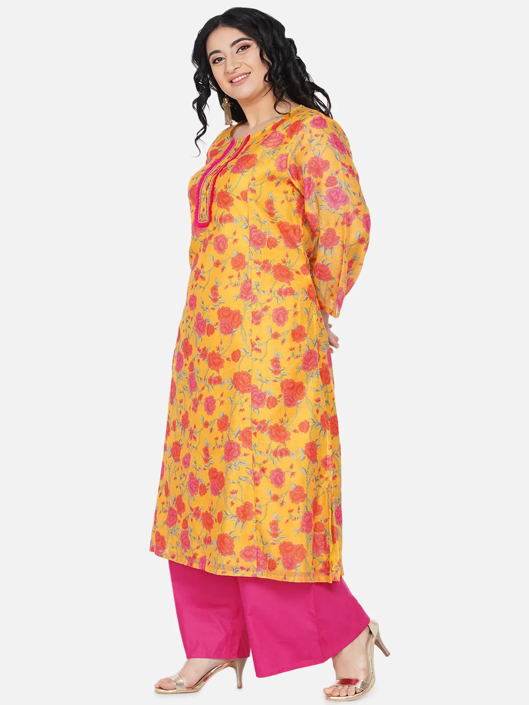 Plus Size Women Mustard Yellow & Pink Floral Printed Kurta with Palazzos