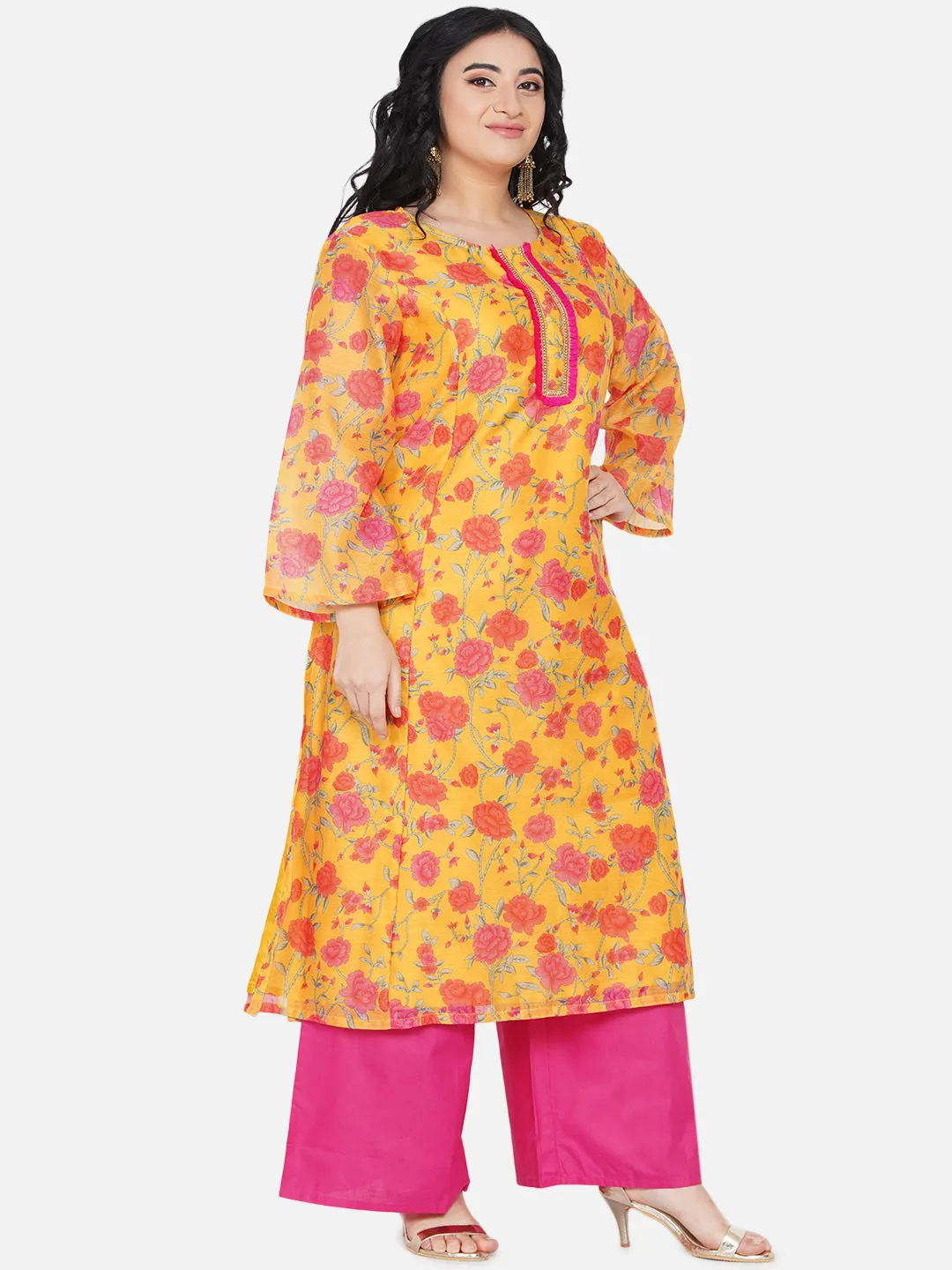 Plus Size Women Mustard Yellow & Pink Floral Printed Kurta with Palazzos