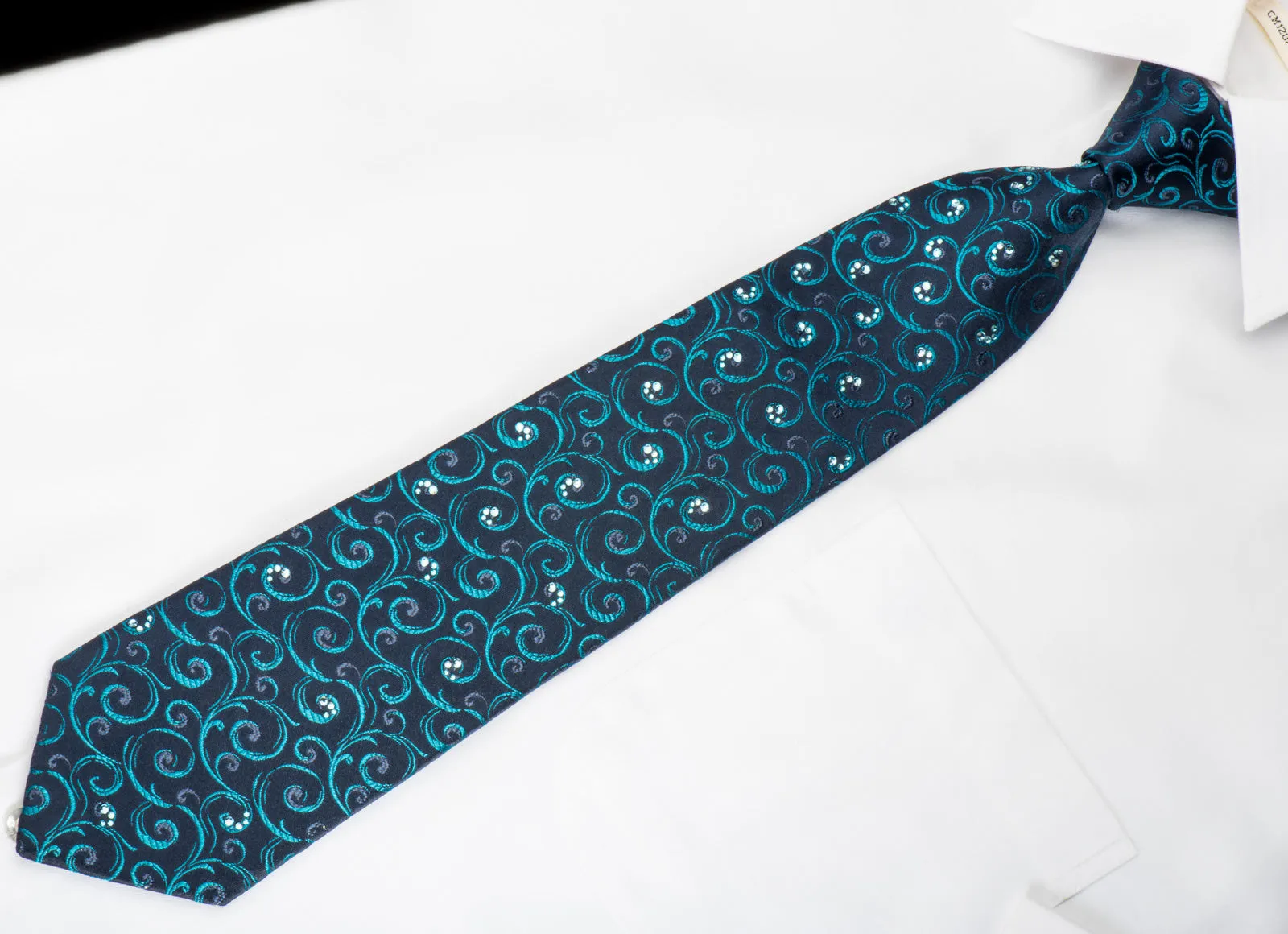 Renoma Silk Necktie Turquoise Scrolls On Blue With Blue Rhinestones