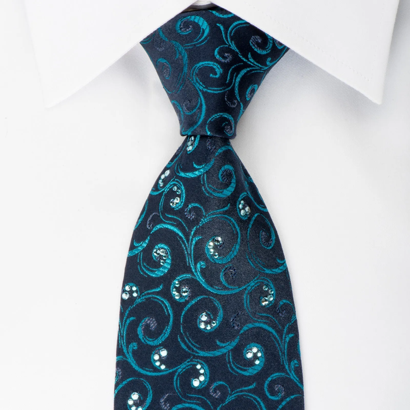 Renoma Silk Necktie Turquoise Scrolls On Blue With Blue Rhinestones