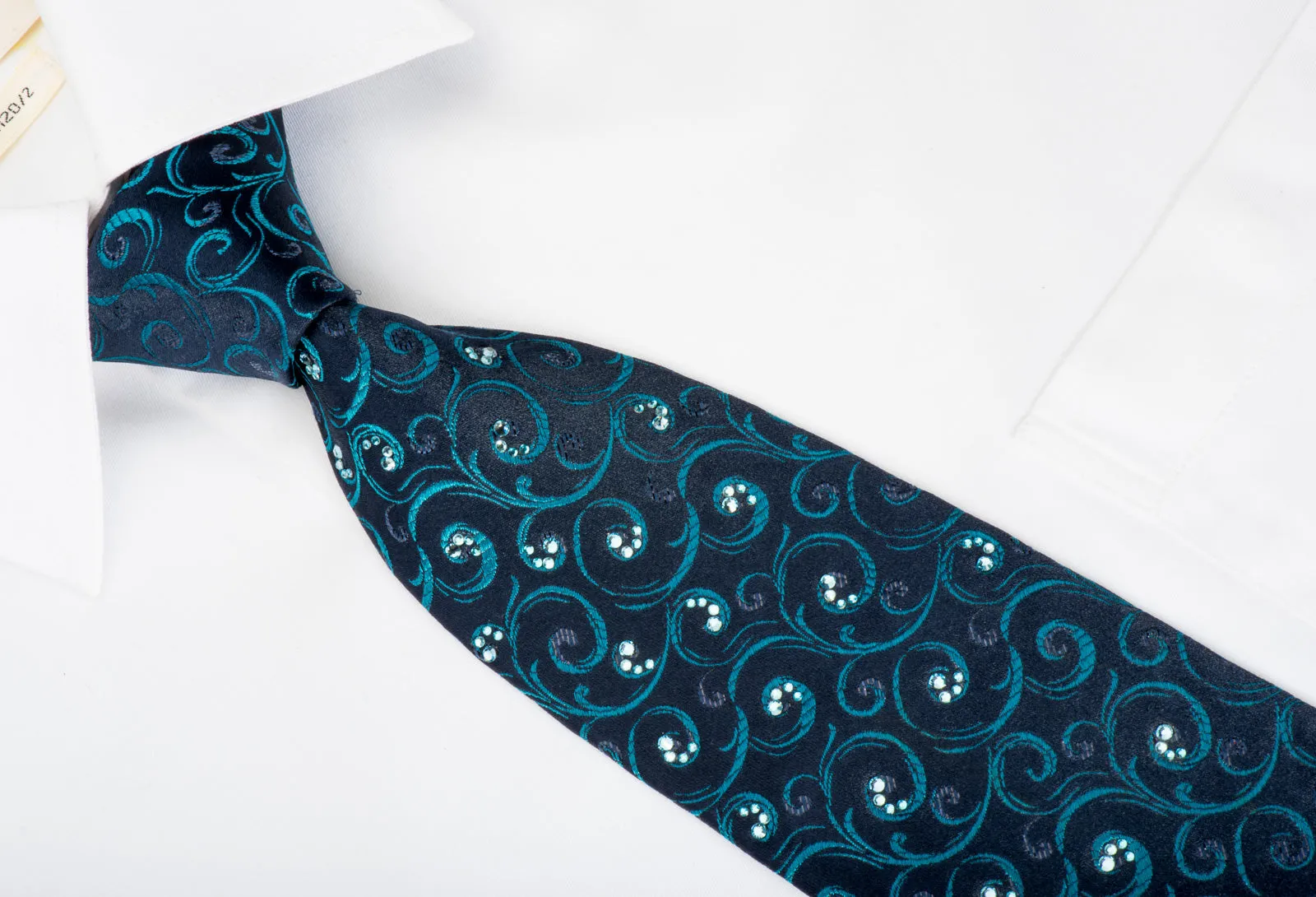 Renoma Silk Necktie Turquoise Scrolls On Blue With Blue Rhinestones