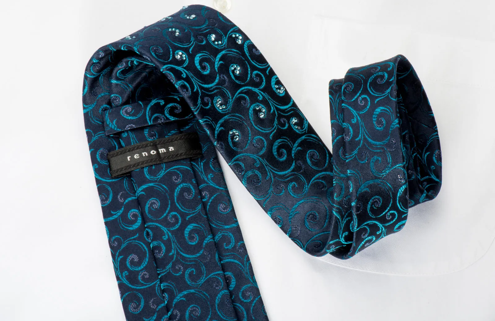 Renoma Silk Necktie Turquoise Scrolls On Blue With Blue Rhinestones