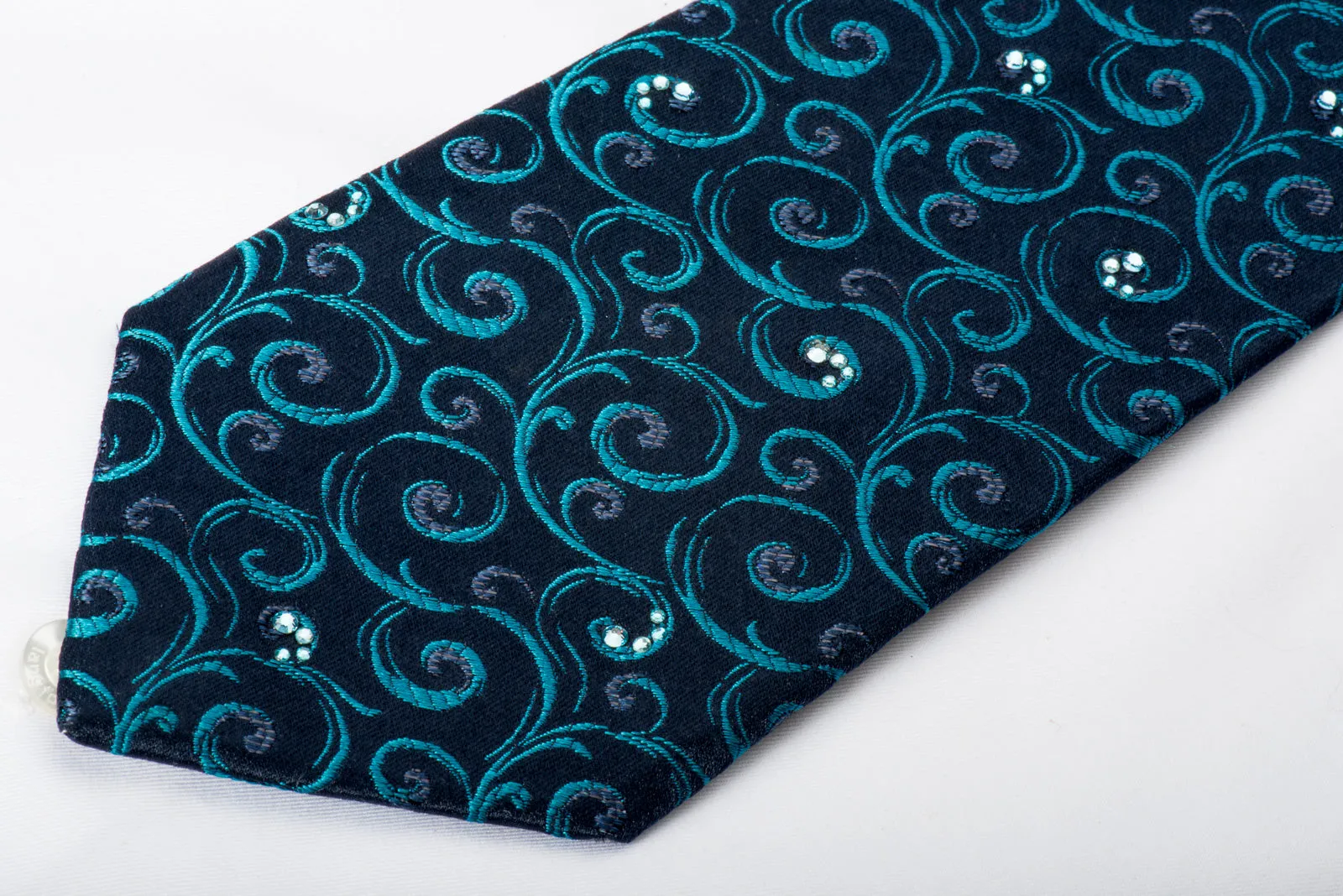 Renoma Silk Necktie Turquoise Scrolls On Blue With Blue Rhinestones