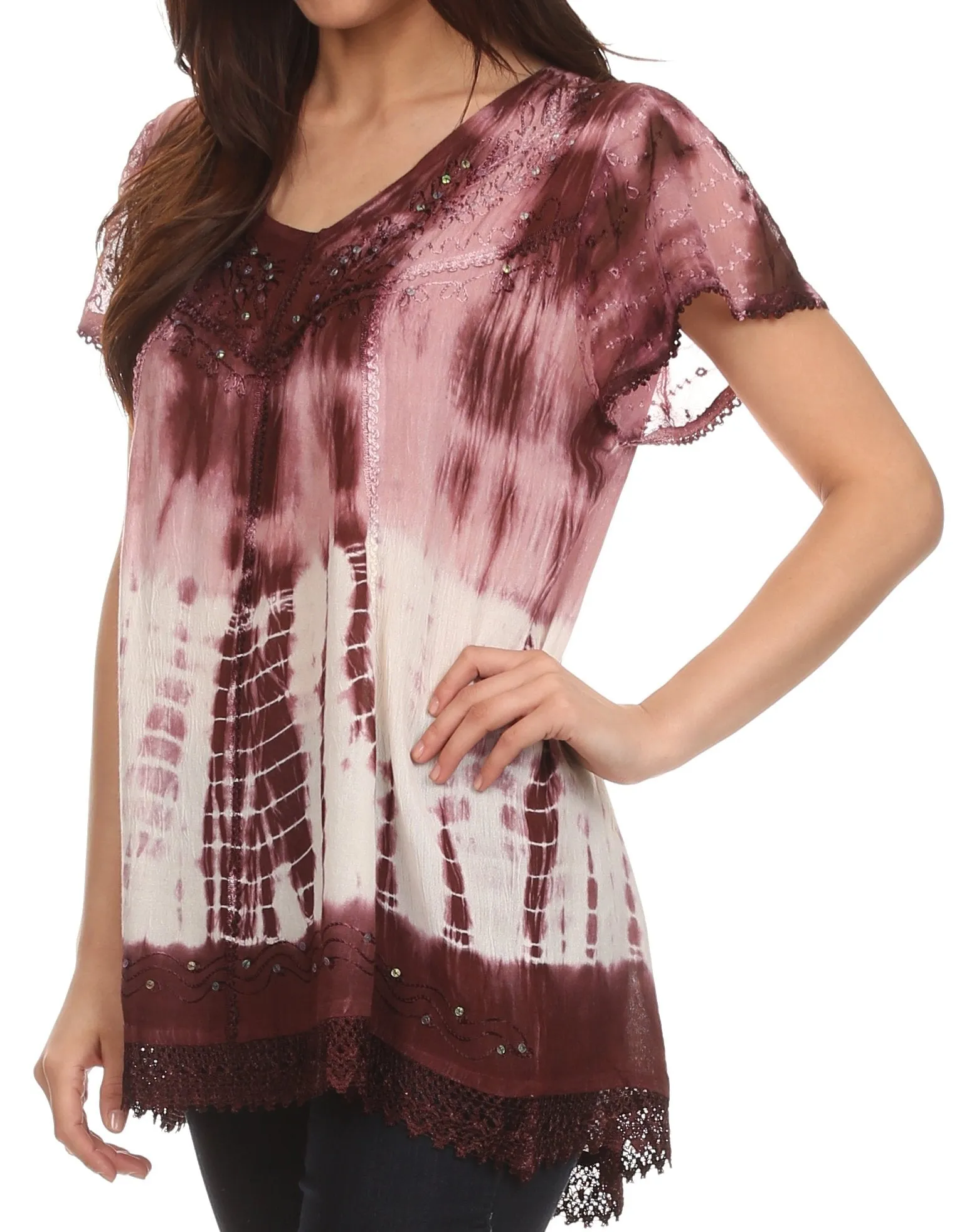 Sakkas Violet Embroidery Tie Dye Sequin Accents Blouse / Top